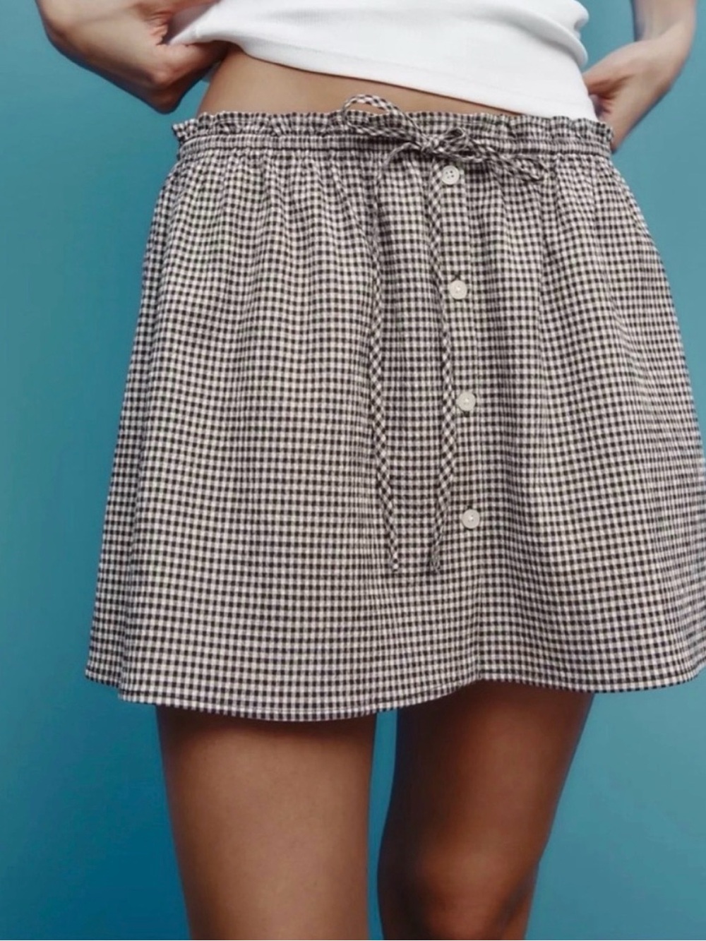 Zara Brown & White Gingham Mini Skirt NWT Button Front Extender Elastic XXL